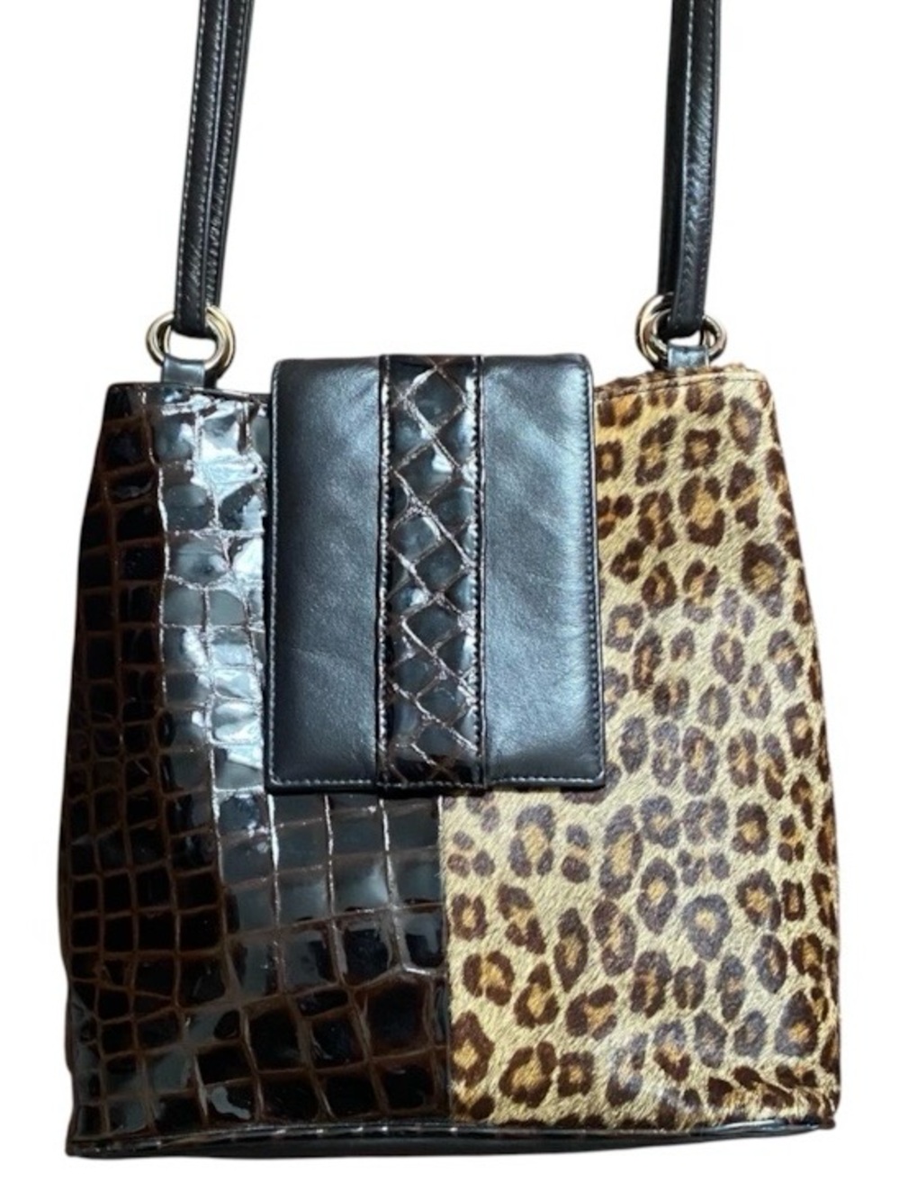 Vintage Leopard Horsehair and Crocodile Embossed Pattent Leather Shoulder Bag